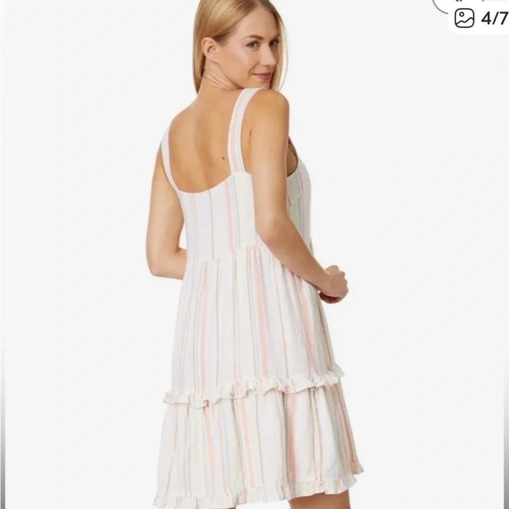 Bobi LA Square Neck Tiered -SZ M- Cream Multicolored Striped Linen Rayon Dress